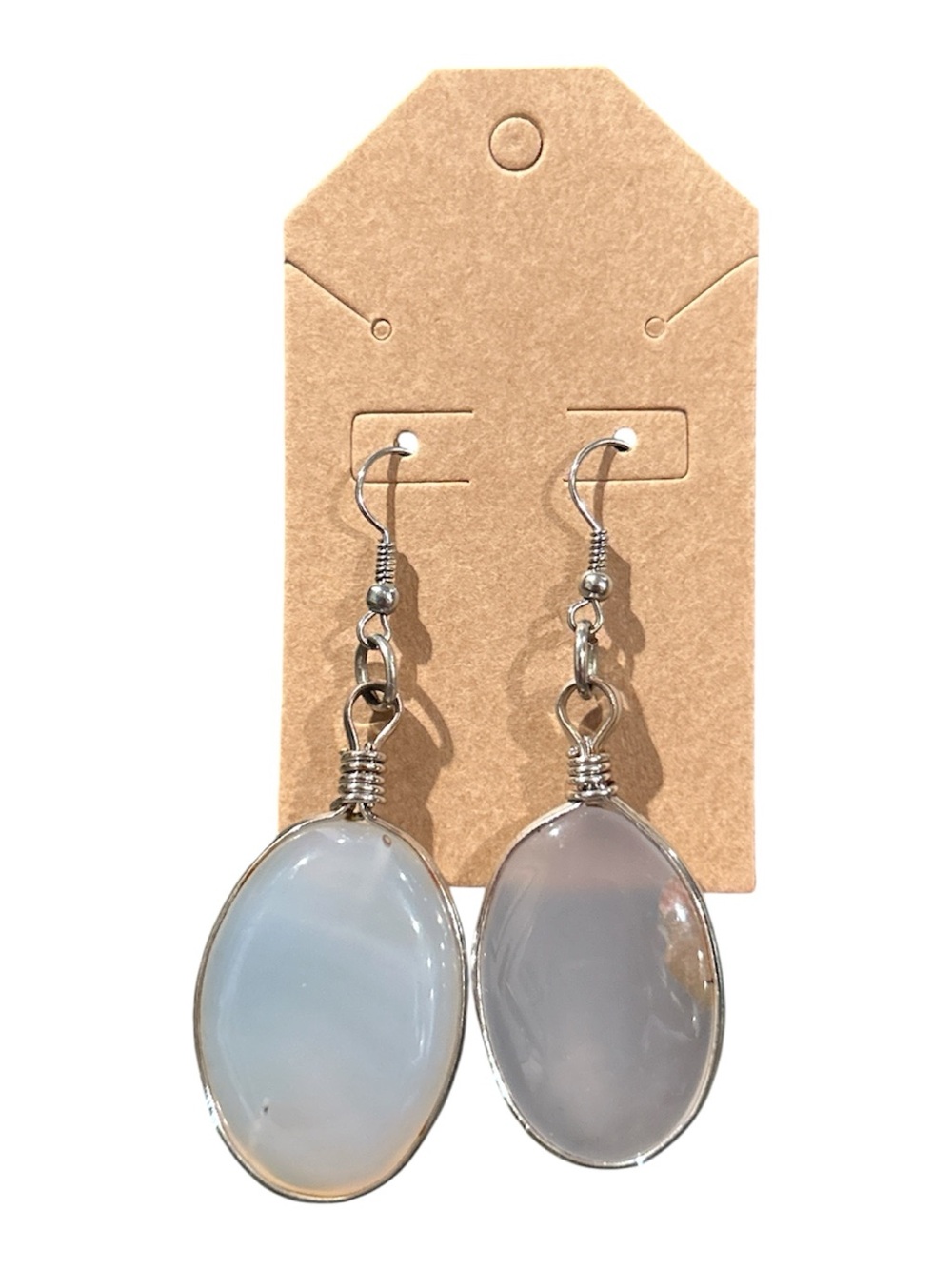 Silver Wire-Wrapped Oval Gray Agate Drop Earrings